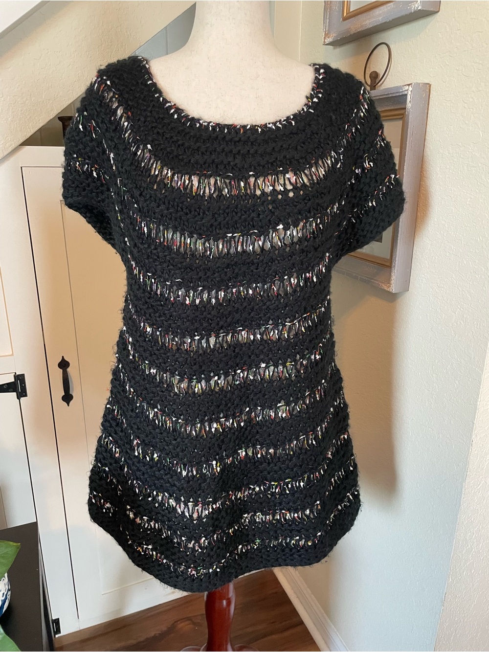 Kerisma Black Open Knit Wool-Blend Confetti Sweater Tunic Sz M/L